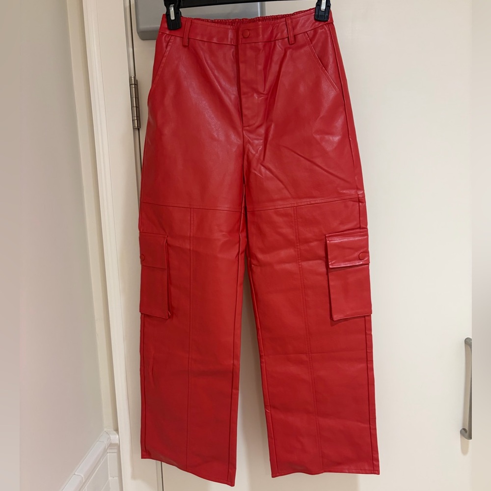 Blue Blush Red Faux Leather Cargo Pants